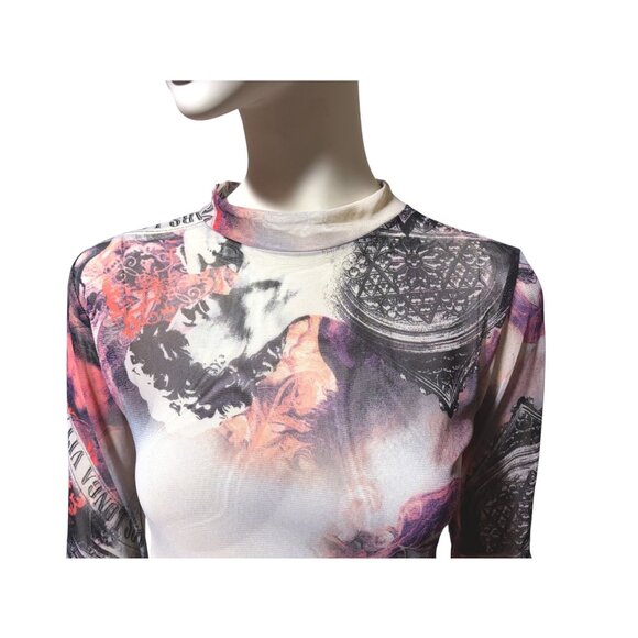 Sheer Mesh Dress M Ruffle Art is Long Renaissance Graphic Baddie Y2K Style USA - Picture 2 of 9